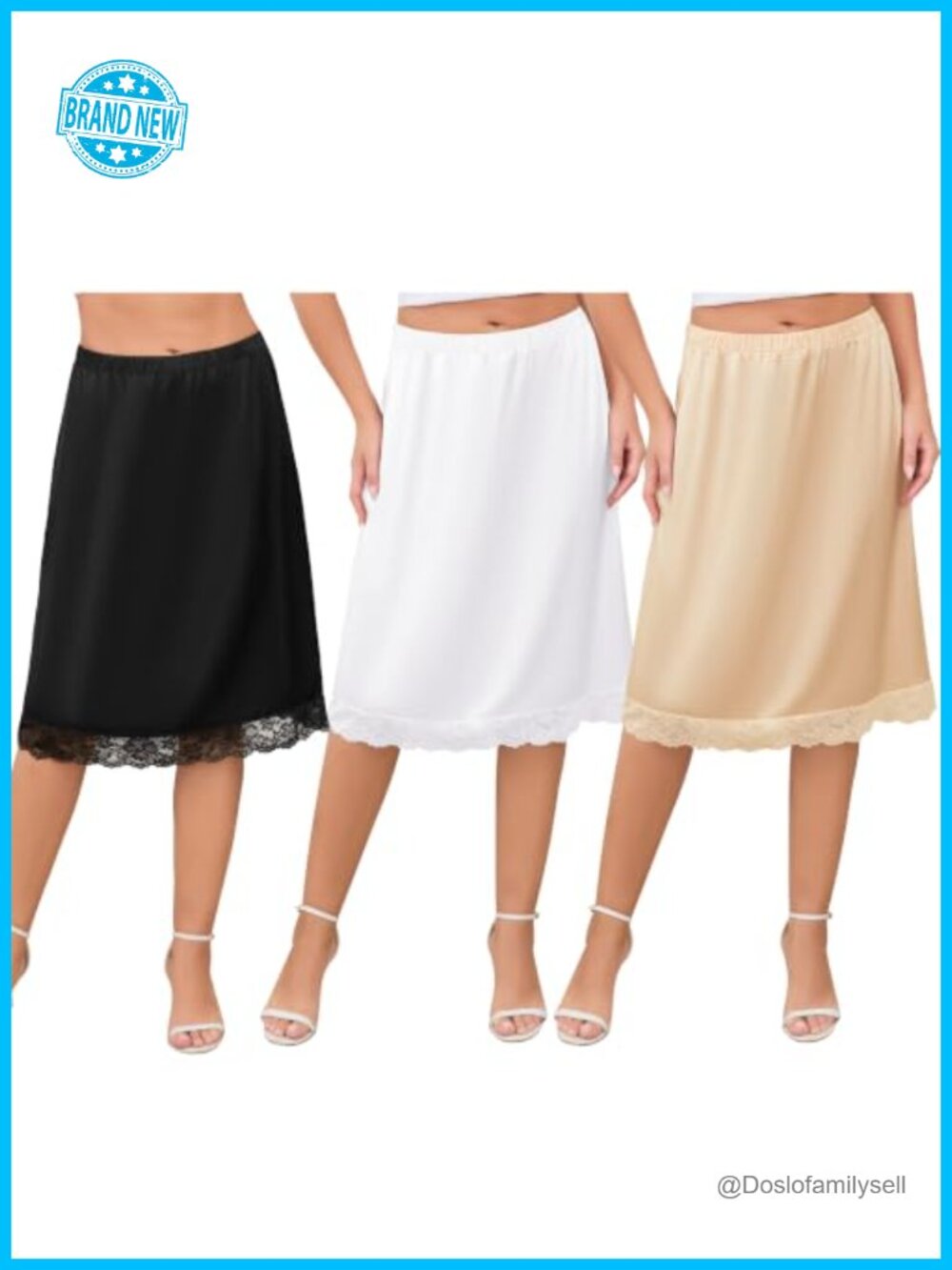 Women Half Slips Knee Length Lace Trim Elastic Waist Underskirt 3 Pack